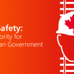 Illustration showing a safety helmet icon on a rail road with the text 'Rail Safety: Top priority for Canadian Government' on the left side.