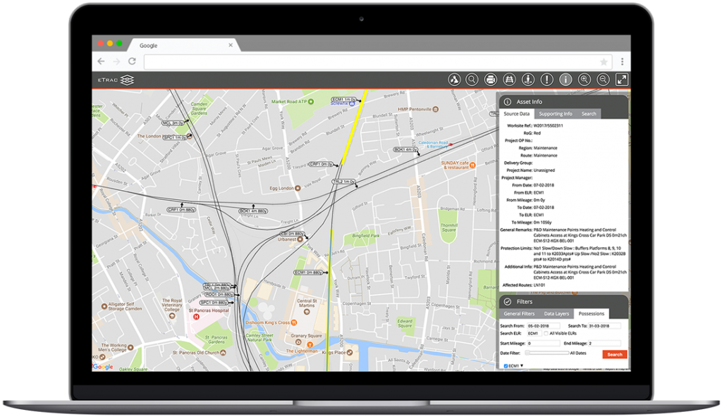 A screenshot on a laptop showing the track and asset data available within eTrac-GIS.