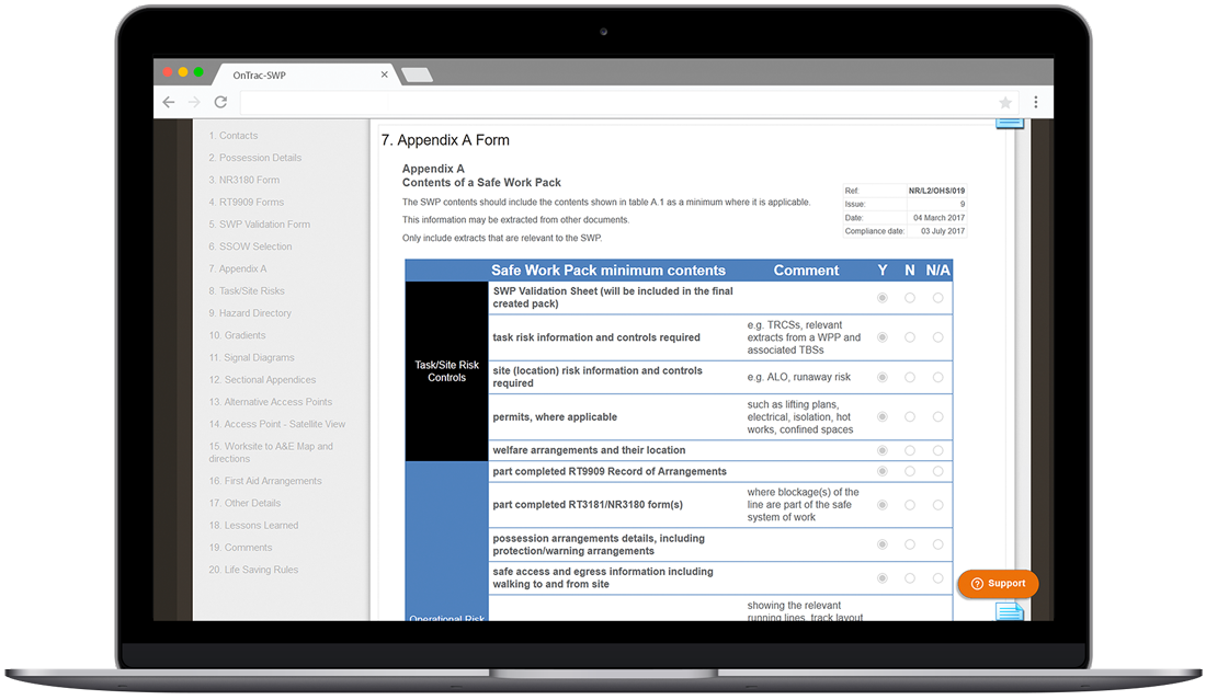 Screenshot of safe work pack form