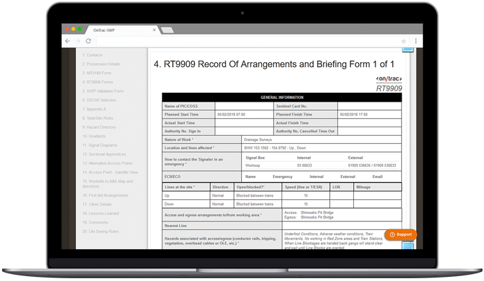 Screenshot of safe work pack form