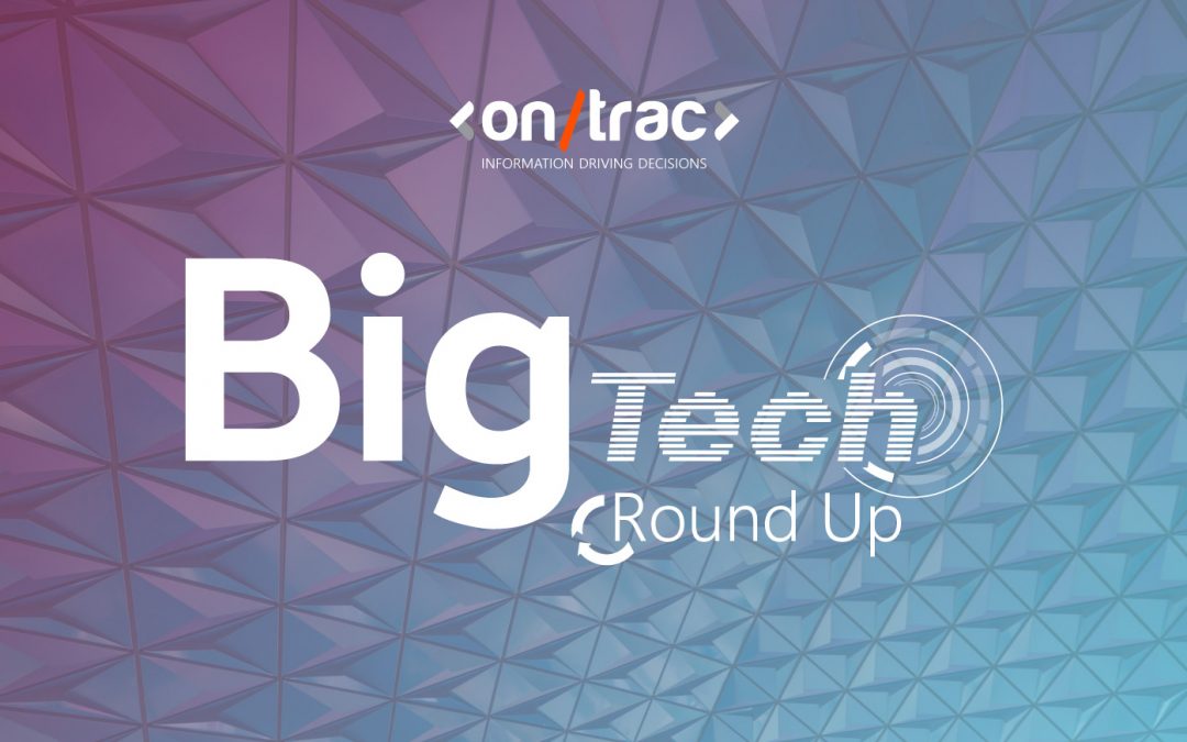 A picture of an abstract ceiling with text overlayed saying 'Big Tech Round Up'